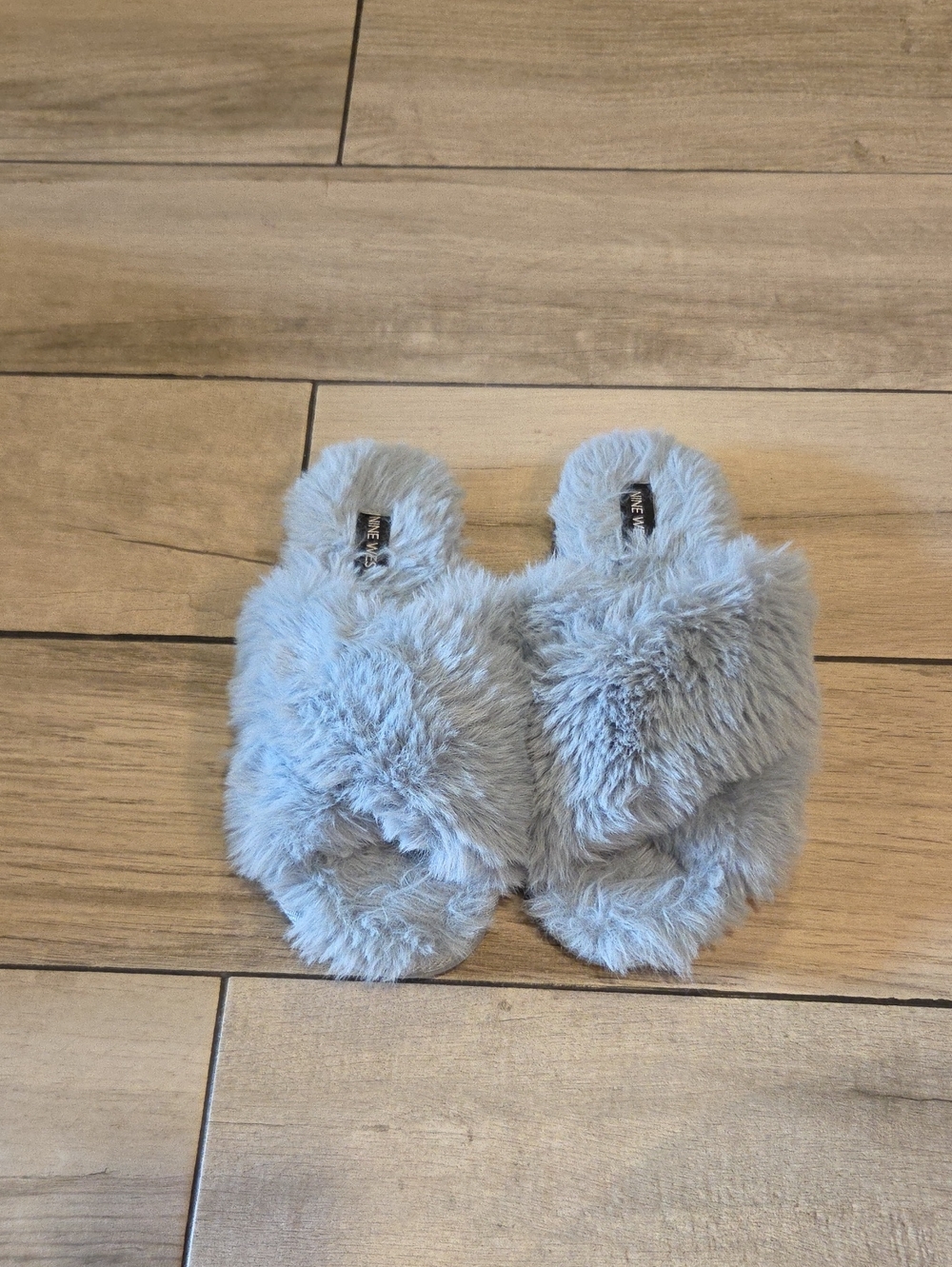 Nine West Plush Light Blue Faux Fur Slide Slippers